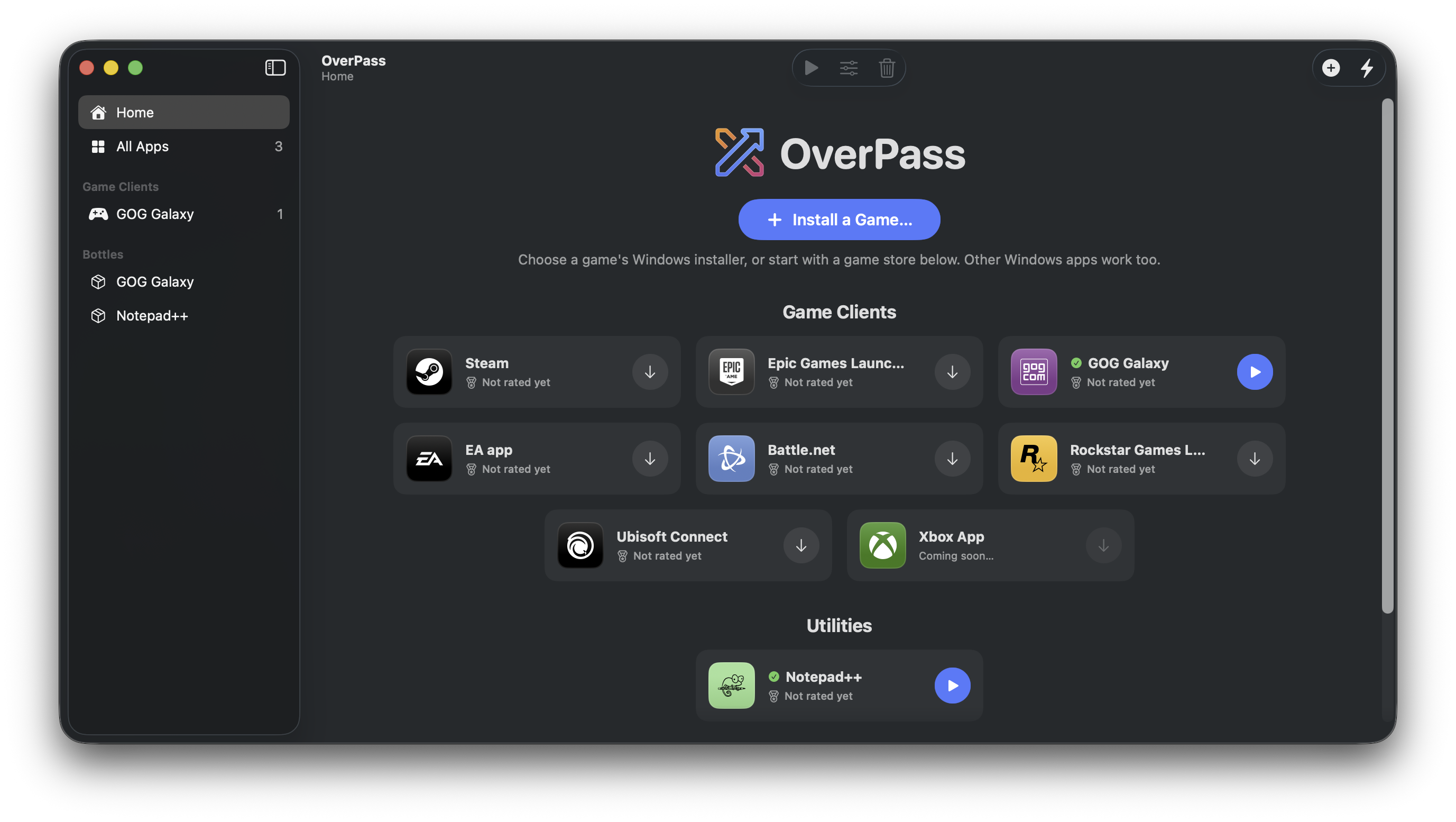 OverPass's Home screen with game launchers and utilities to install